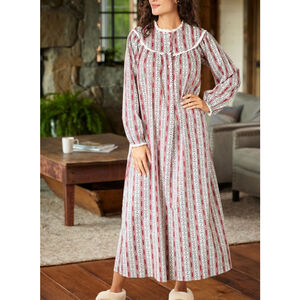 Women's Lanz of Salzburg Tyrolean Cotton Cranberry Floral Flannel Nightgown M
